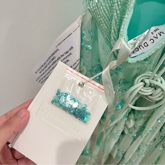 NWT Mac Duggal 70275 Aqua Mint Sequined Floral Ruffle Cutout Tulle Maxi Dress 2 - Picture 4 of 11